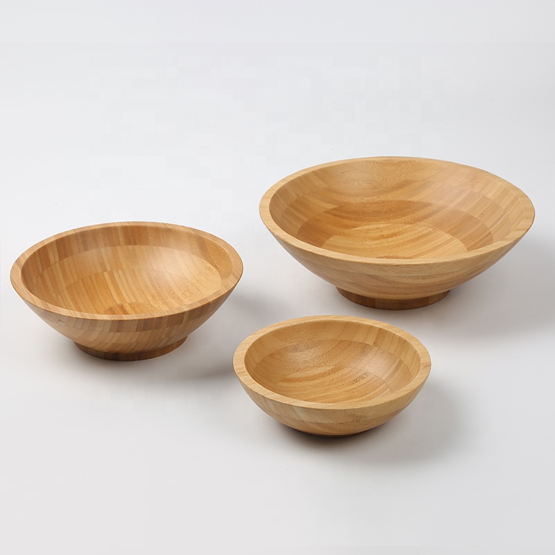 Eco Friendly Nature Set of 3 Round Flat Bamboo wooden Salad Bowls Big Salad Food Bowl Serving Reusable Bowl Customized