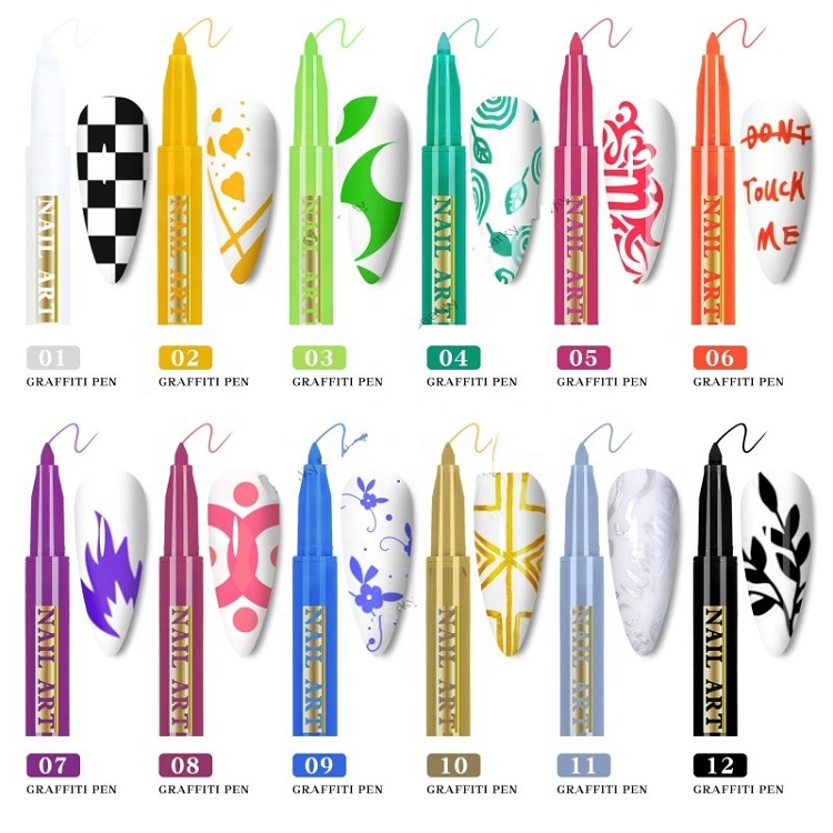 12 Color Optional Nail Polish Paint Pen 3 in 1 Nail art painting pen Nail Polish Glue Tracing Flower Line Drawing Pen
