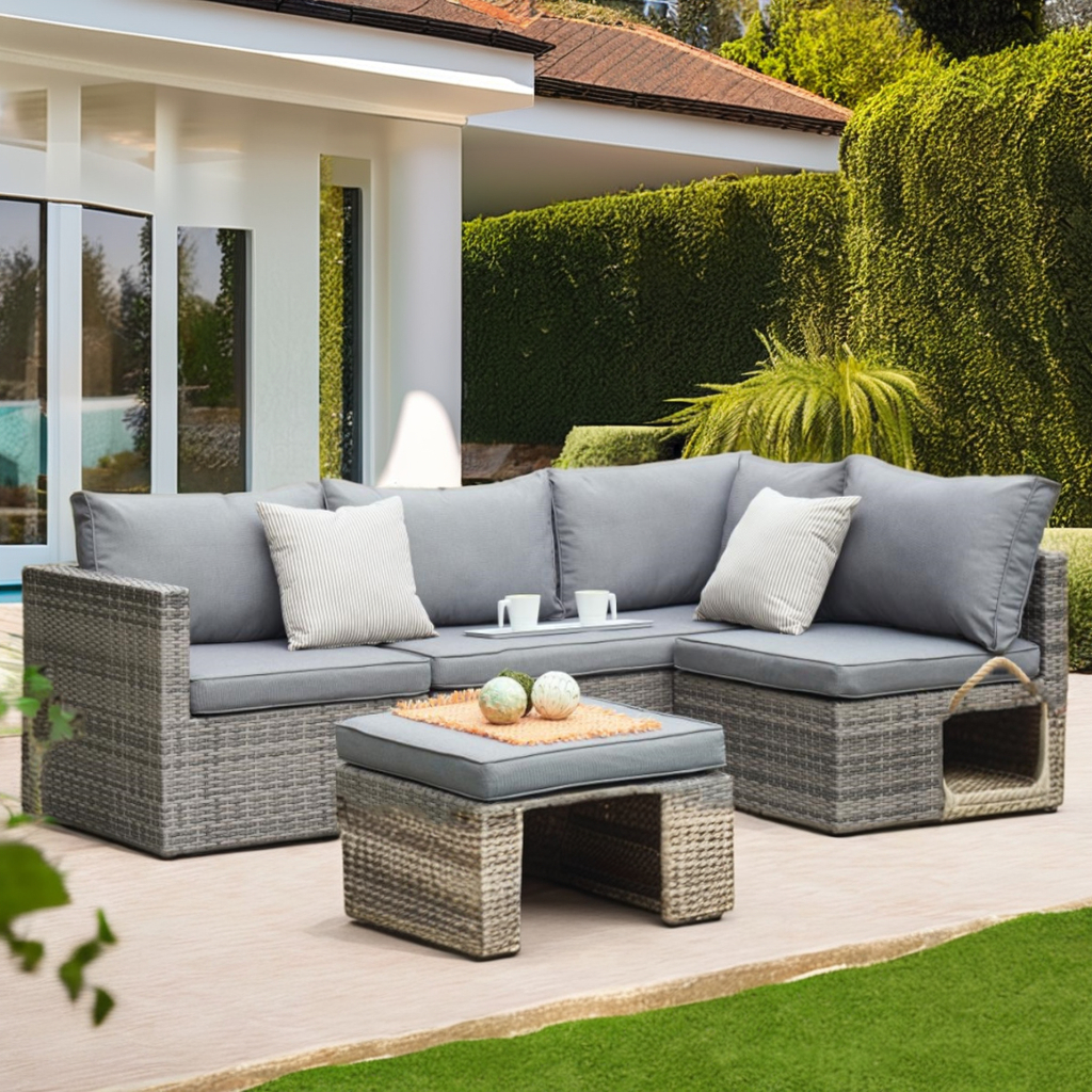 Luxury 4pcs Modern Design Sofa Set for Living Room & Bedroom Garden Outdoor Furniture with Rattan Bamboo Includes Beeswax Polish
