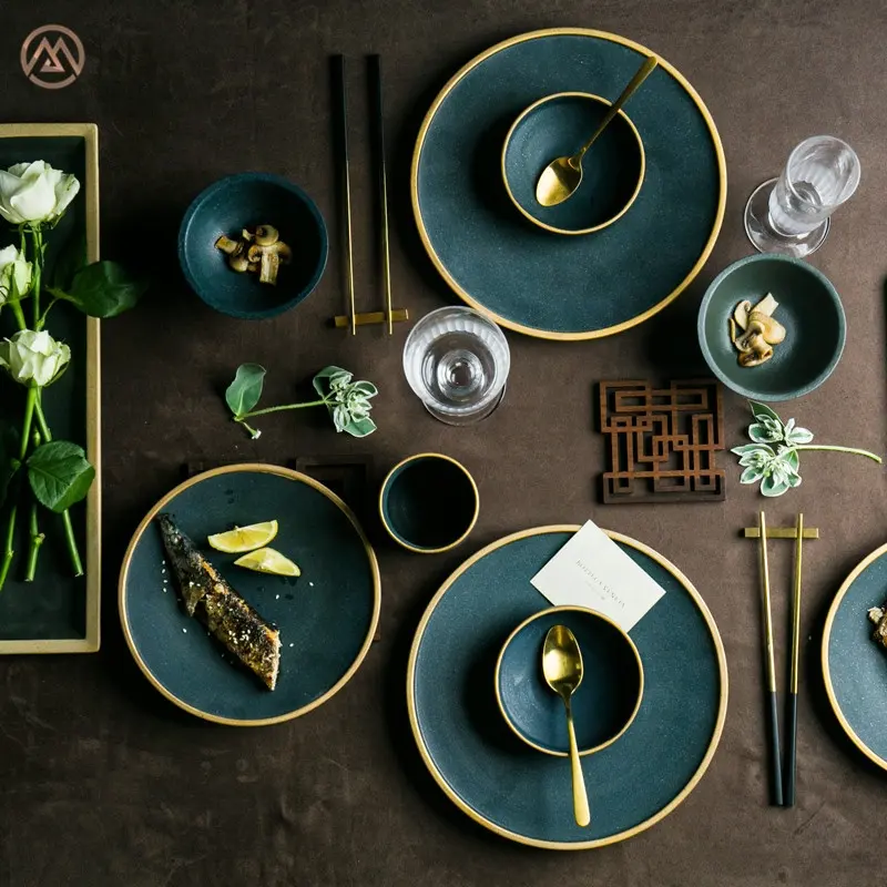 Modern Gold Rim Matte Green Porcelain Tableware Brazil Ceramic Dinnerware Sets