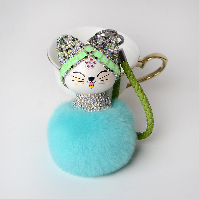 Car leather hanger bag accessories mobile phone pendant cute fortune cat keychain hanging ornament Rex rabbit fur ball diamond