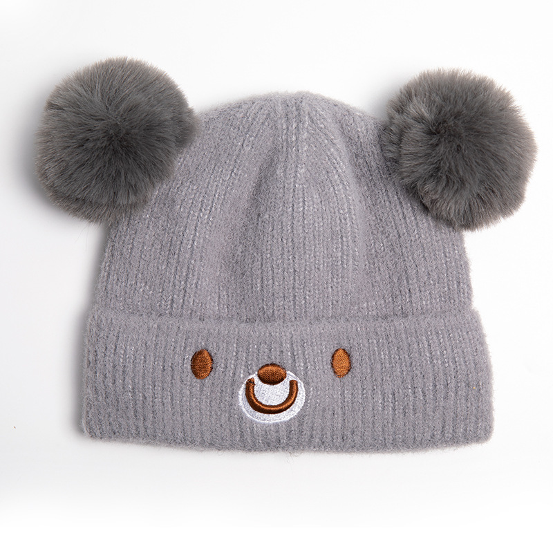 Custom Unique Funny Lovely Two Double Pom Pom Pompom Warm Winter Unisex Child Kids Baby Knit Pattern Beanie Hats