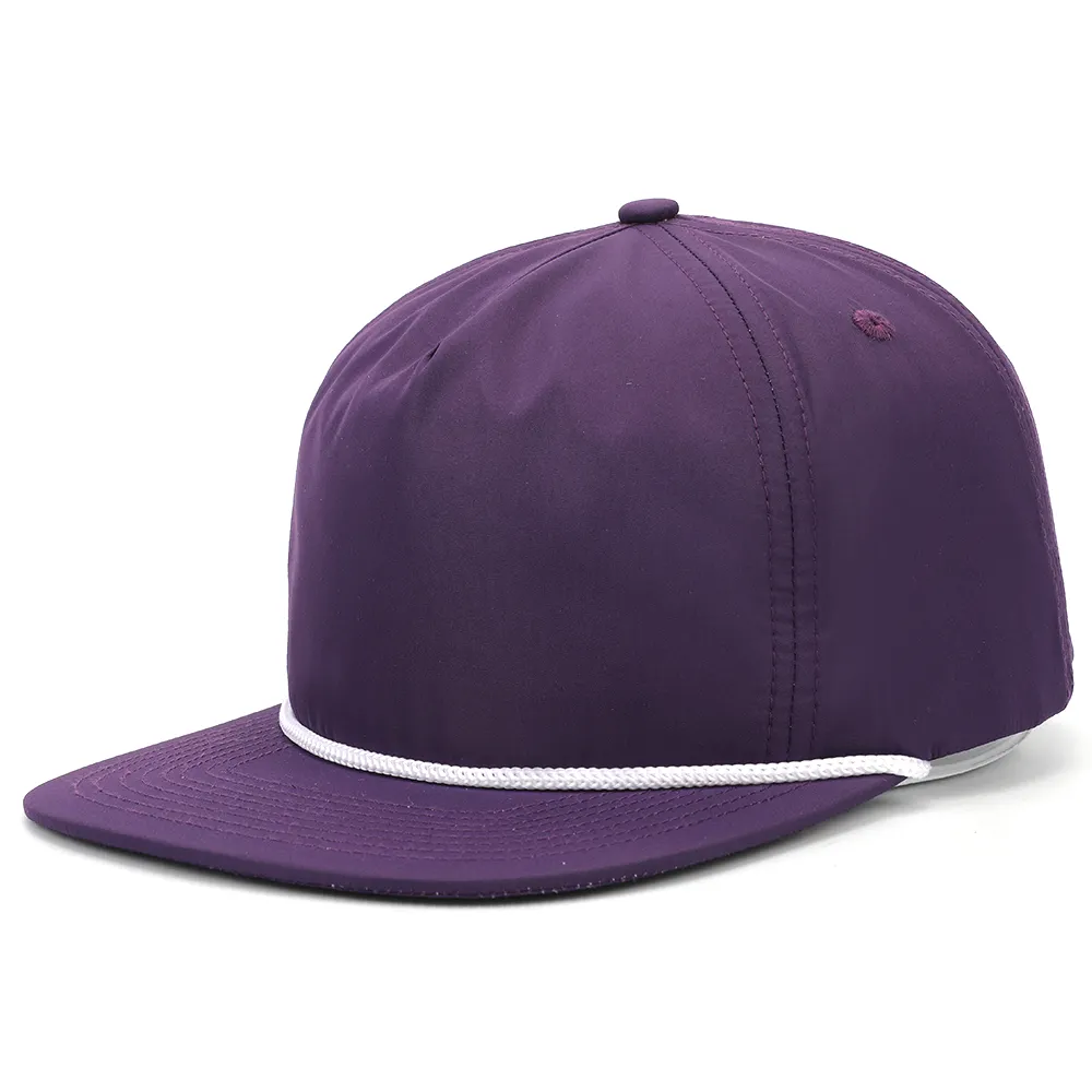 Hot Style 5 Panel Unstructured Adult Polyester Custom Rope On Brim Purple Plastic Buckle Private Label Woven Tag Snapback Hat