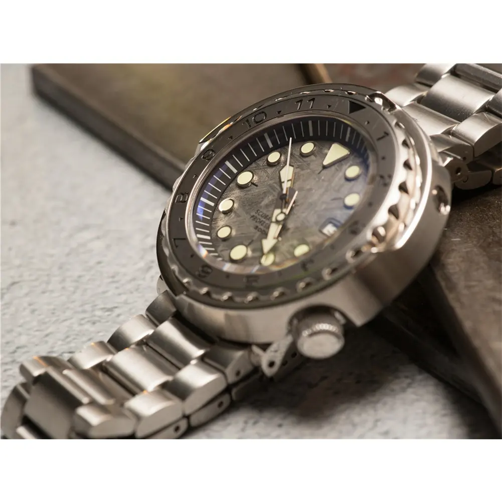 Newest design custom small moq 30atm c3 stainless steel Canned Meteorite Dial mechanical automatic dive diver watch man for sale