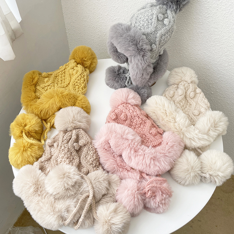 Faux Fur Kids Winter Hats for Girls Pompom Fur Ball Knitted Children Boys Cap Warm Ears Soft Snow Bonnet Kids Accessories 4-8Y