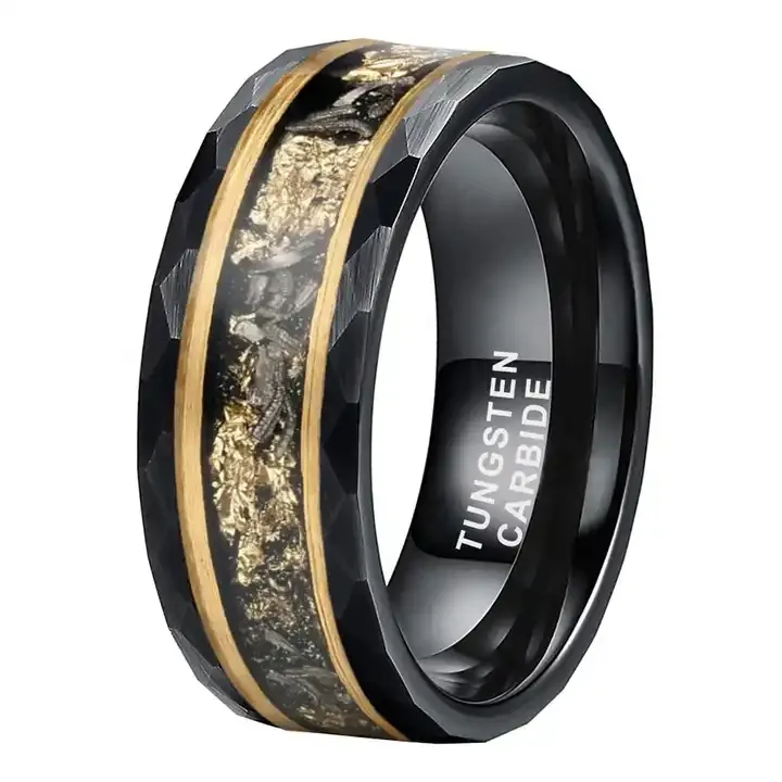 Sanlan ювелирные изделия 8 мм настоящий метеорит чип золотой фольги инкрустация черного вольфрама кольцо для мужчин и женщин модные обручальные Обручальные кольца