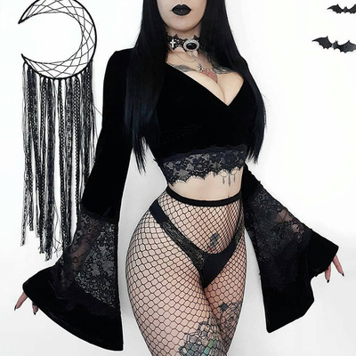 Sexy Women Gothic Crop Top Flare Long Sleeve Lace Hollow Out Black T-shirt Retro Bodycon Female V-neck Tops Elegant Top Coldker