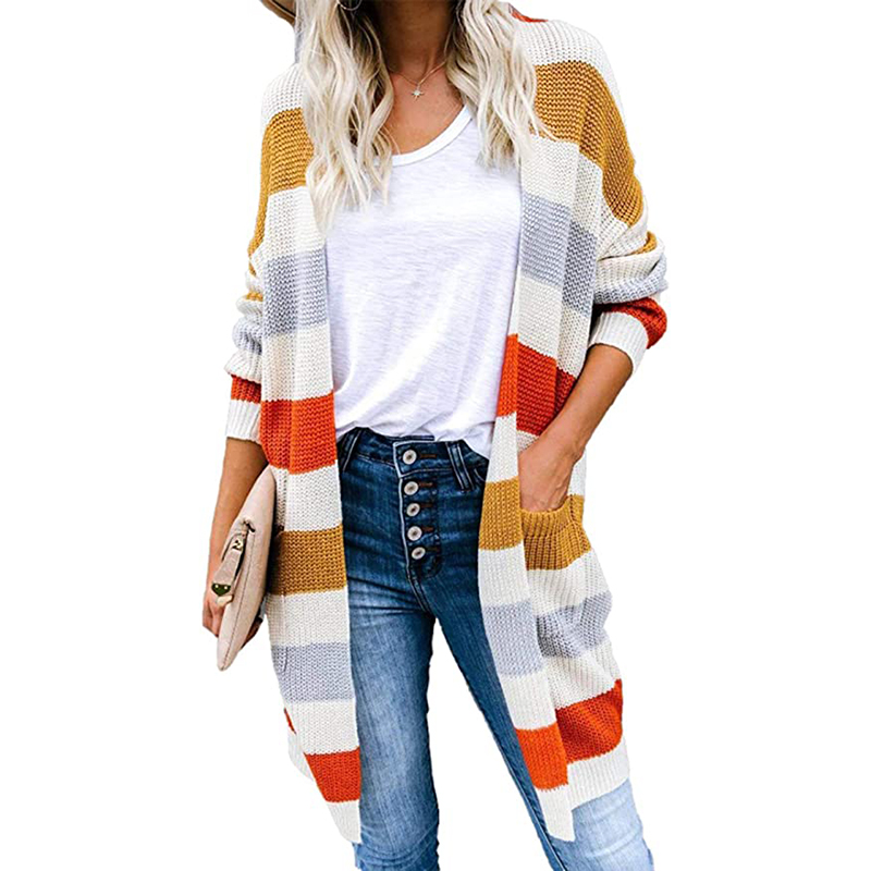 2021 Autumn women's Striped stitched Long pocket knit sweater cardigan