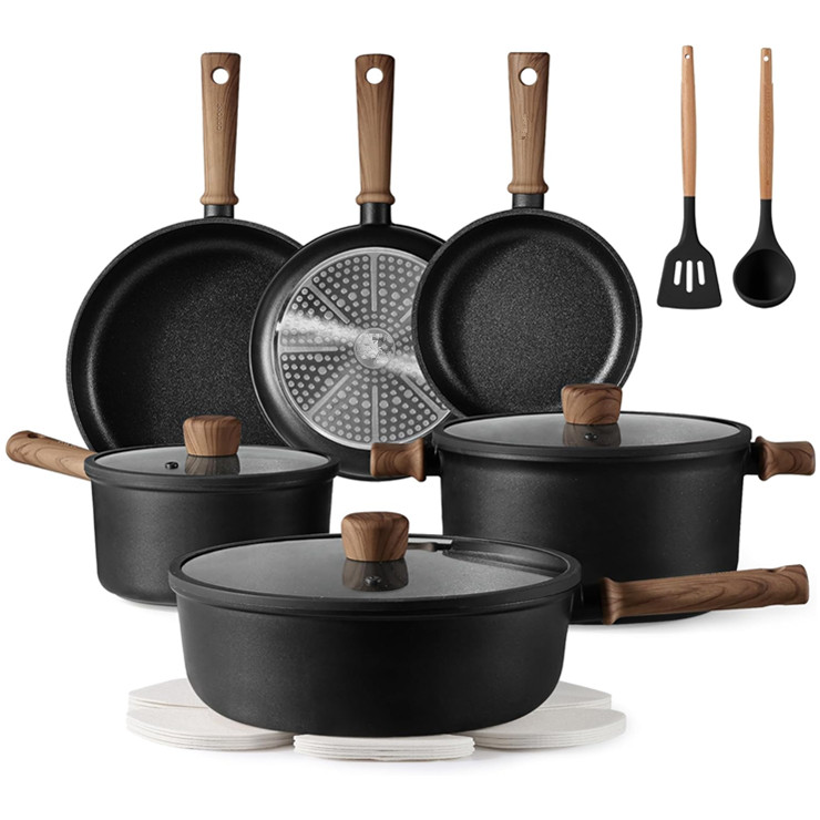 16Pcs Durable Forged Die Casting Non-Stick Marble Cookware Set Wood Handle New Unique Aluminum Cooking Pot Pan Food Preparation