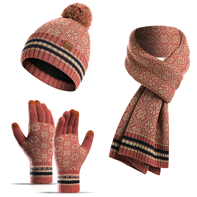 Woman Fashion Winter Warmer Knitted Scarf Warm Wool Three-Piece Suit Hat Scarf And Glove Set