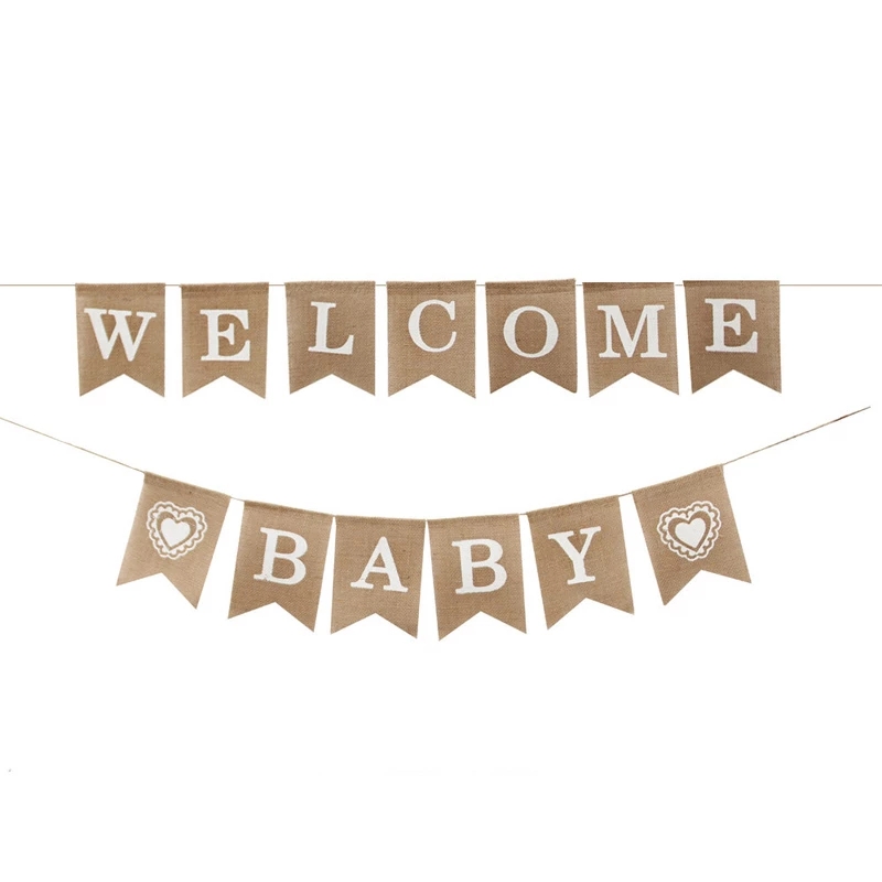 Jute Burlap Flags WELCOME BABY Linen Swallowtail Banner Pennant Baby Birthday Party Banner Pull Decoration Event Supplies