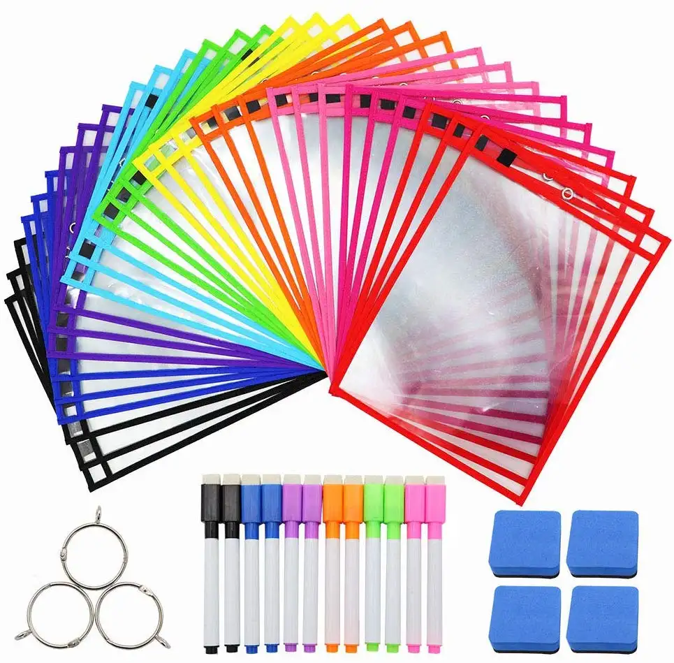 Custom Reusable A4 Double Side Pockets Transparent Magnetic Dry Erase Pockets With Metal Ring