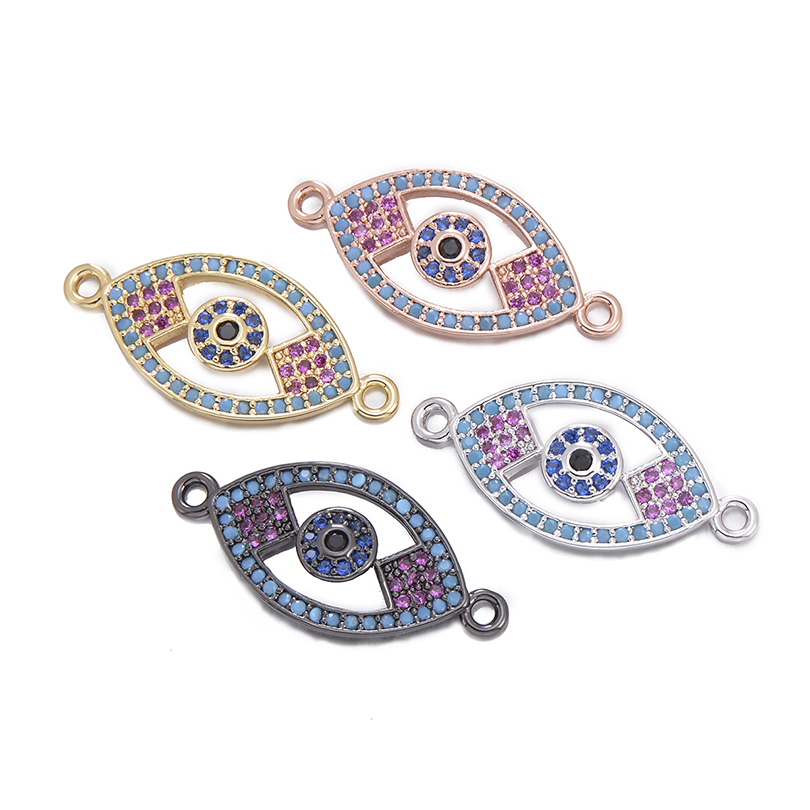 Micro Pave Colorful Zircon Copper DIY Connector Multi Color Devil's Eye Hollow Charms for Jewelry Making Oval Eye Charms