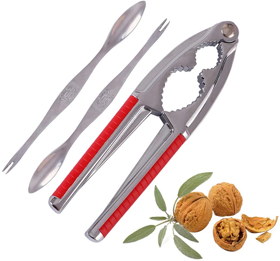 Heavy Duty Walnut Cracker Opener Tool Nut Crackers Shell Seafood Cracker with Red Non-slip Handle with 2 pcs Forks Picks
