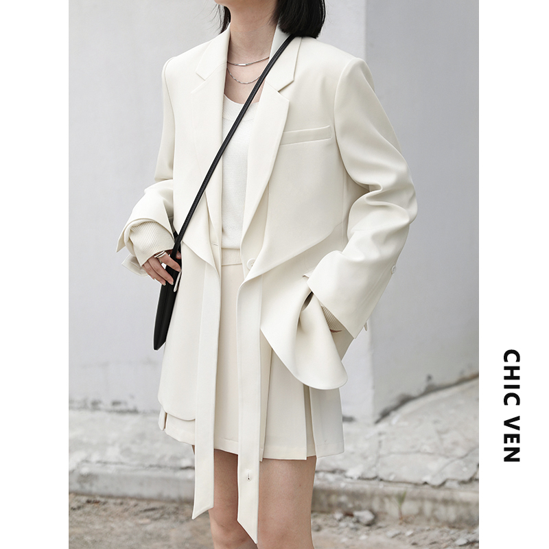 CHIC VEN Autumn Fashion Long Sleeve Crossover Strap Blazer Set White Mini Skirt Casual 2 Piece Suits For Women