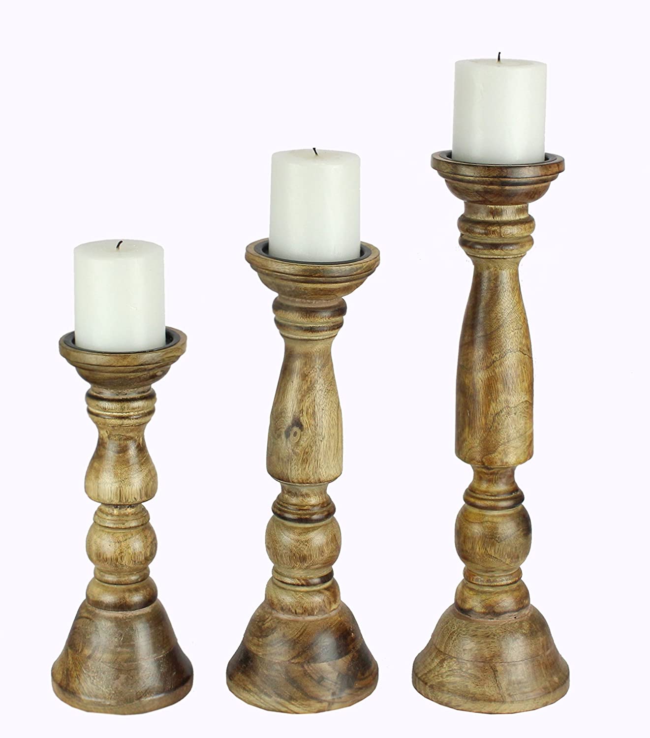 3 Piece Wooden Candle Pillar Holder Set - Color - Natural - Size: 17 Inches, 14 Inches and 11 Inches