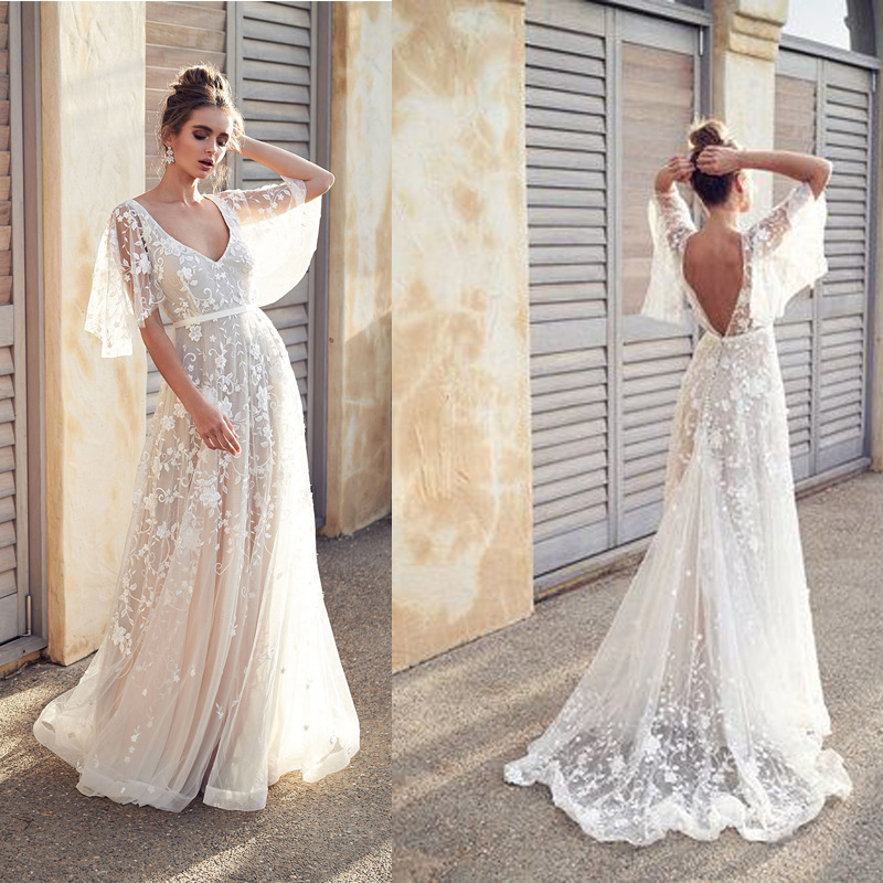European and American foreign trade new spring and summer dress sexy lace V-neck open back dress