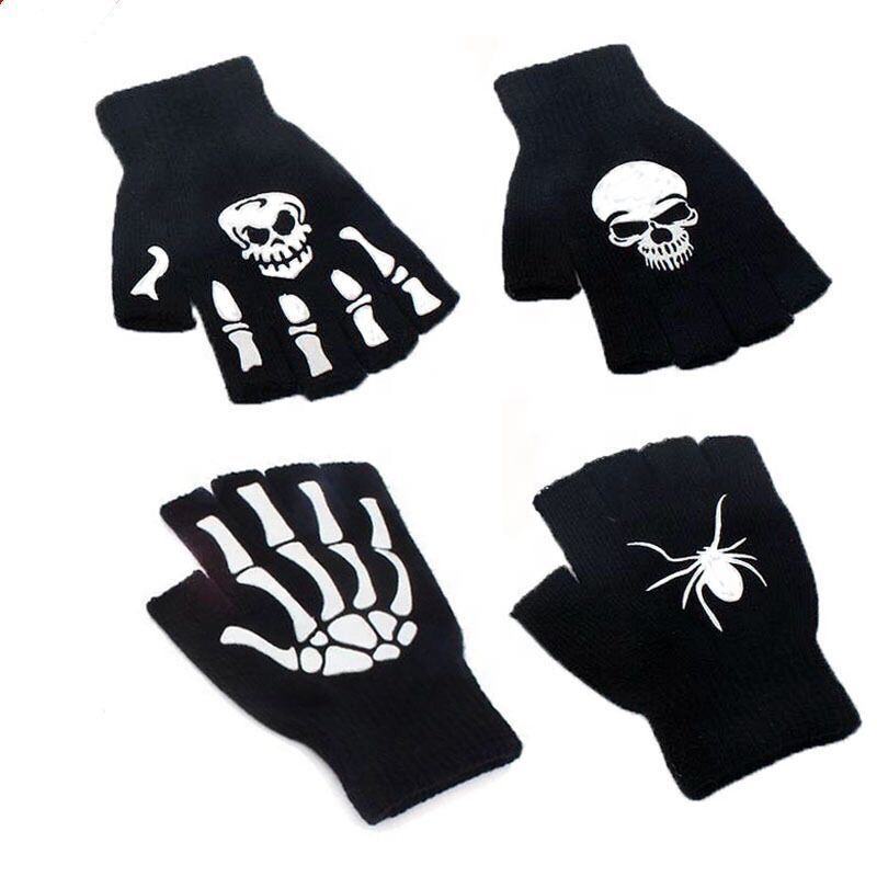 Cheap Wholesale Halloween Skeleton Gloves Half Finger Knit Gloves Bone Skull Gloves Mittens