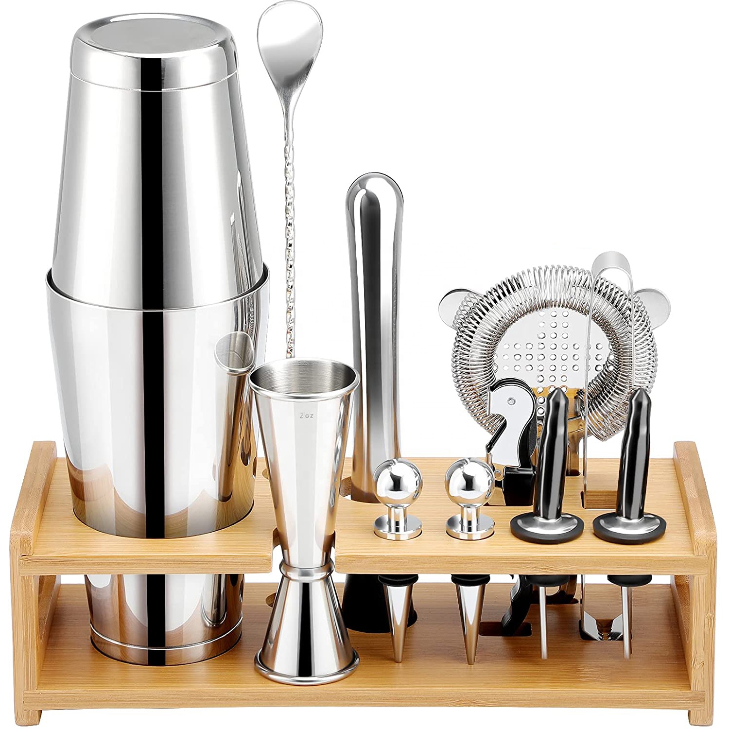 Bar Mixing Set Rustproof Cocktail Shaker Set Bartender Kit with Stylish Stand 304 Stainless Steel Bar Sets