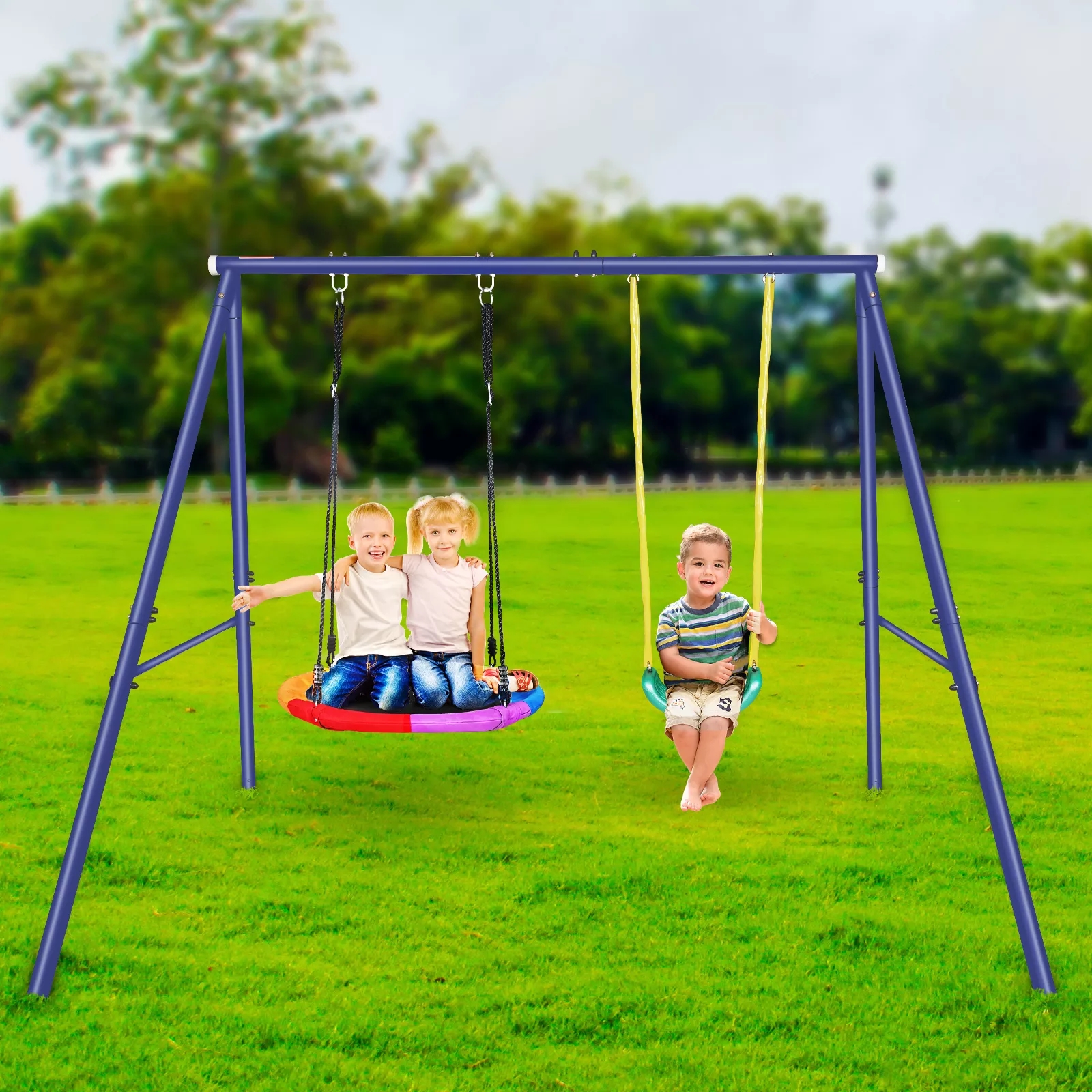 IUNNDS kids garden Swing Set, 500lbs Heavy-Duty A-Frame Metal Outdoor  Saucer Swing Seat With Basketball hoop