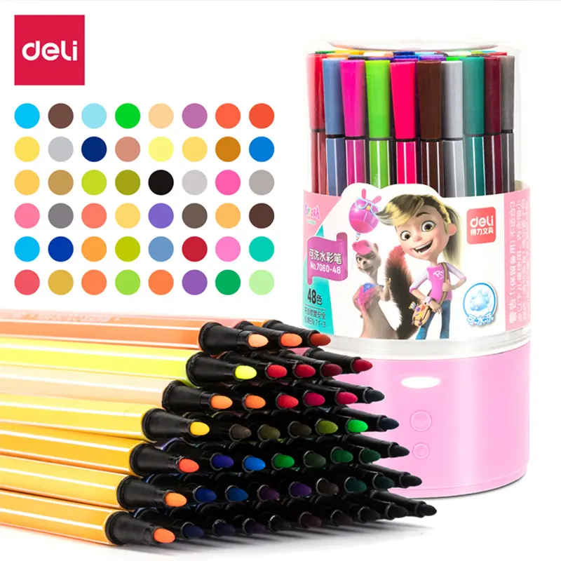 Deli School Kids Watercolor Pen Art Marker Safe Non-toxic Color Brushes High Quality Color Marker Pens For Painting 36/48 Color
