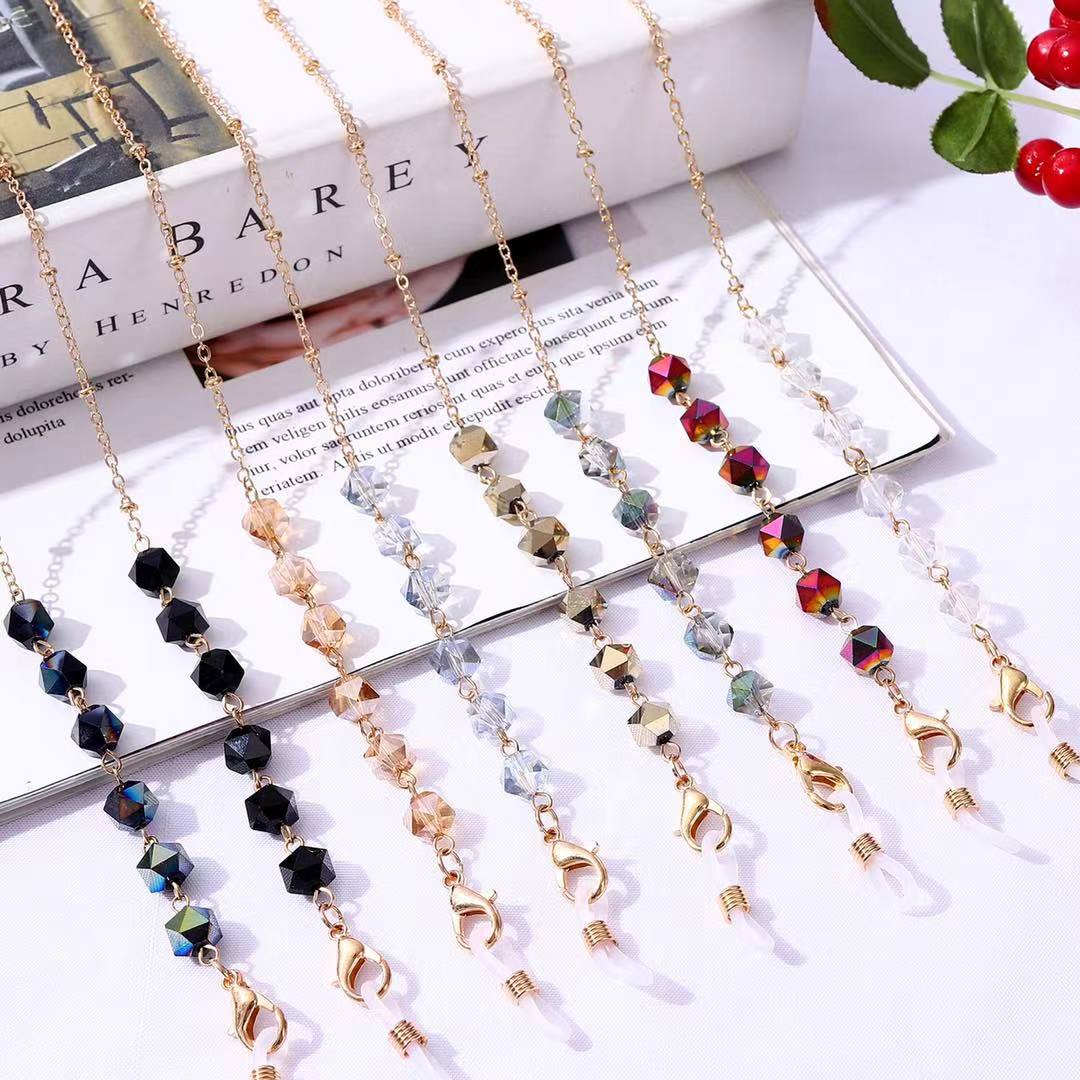 Fashion Women Geometric Colorful Crystal Glasses Chain Lanyards Anti-Slip Beaded Sunglasses Hanging Strap Holder