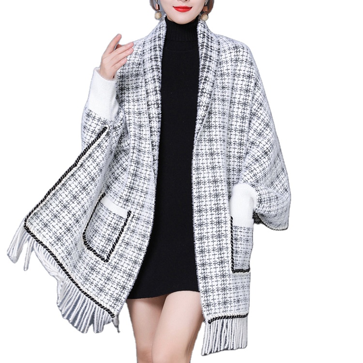 Wholesale Women's Boho Plus Size Plaid Printed Tassel Open front Knitted Poncho Cape Sweater Shawl