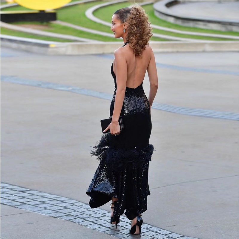 B2861 Black Sequin feather dress Sexy Backless Long Tight Bodycon Cocktail Dress