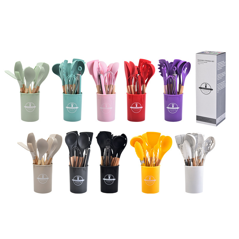 Silicone Cooking Kitchen Utensils Set Handles with Holder Wooden Hot-selling Wholesale 12pcs 12 Color Box Wood 1 Set Multi-color