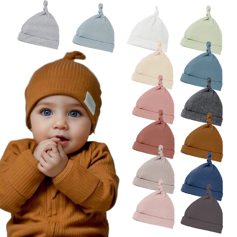 Ribbed Elastic 0-6m Baby Knotted Beanie Wholesale Organic Cotton Hat For Babies