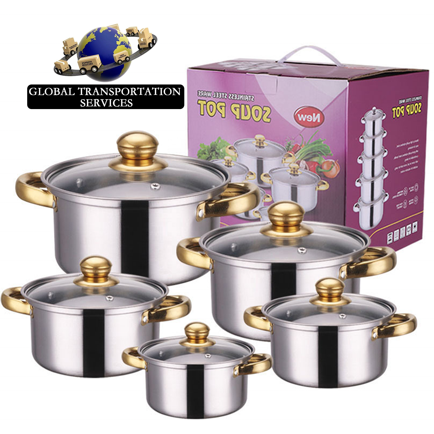 Factory Wholesale 10pcs Stainless Steel Gold handle Soup Pots Cooking Pots Milk Pots And Pans casserole Kitchen Cookware Sets