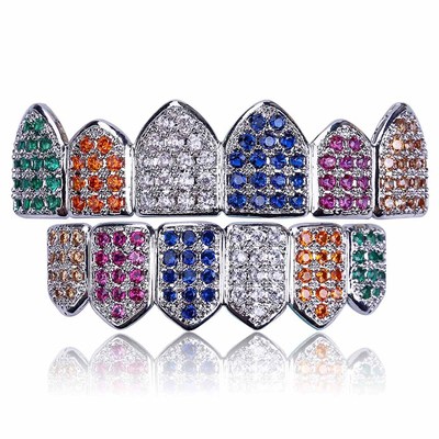 Hip Hop Iced Out Gold Color Top & Bottom Punk Rapper Teeth Rainbow Grillz Men Dental Mouth With CZ Cosplay Party Hip Hop Jewelry