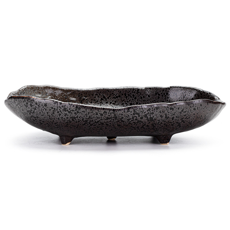 Handmade Stocked restaurant Irregular pot Ceramic Pottery Meat dinner Platter Plate serving Dish with Feet for kitchen