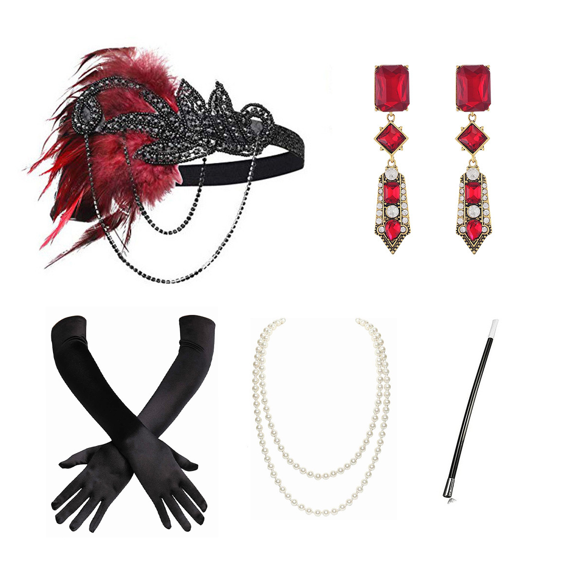 Party Dance Headband Set Necklace Gloves Smoke pole earrings set Burgundy fascinator