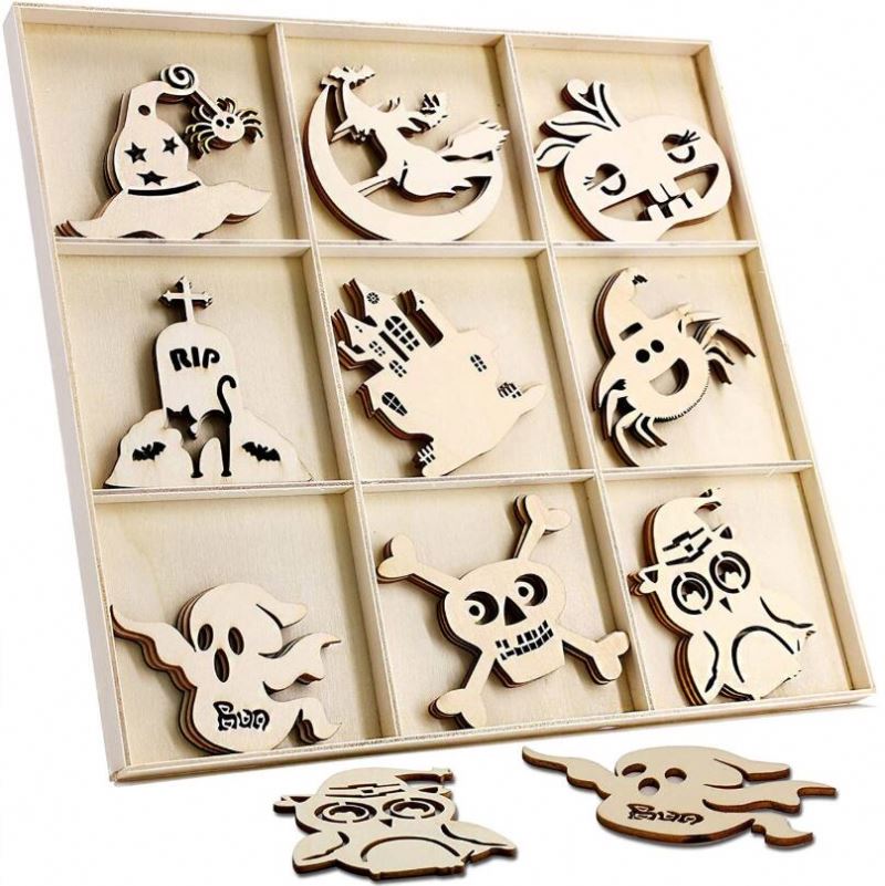 27Pcs Natural Halloween Wood Blank Hanging Wood Cutouts Ornaments For DIY Project