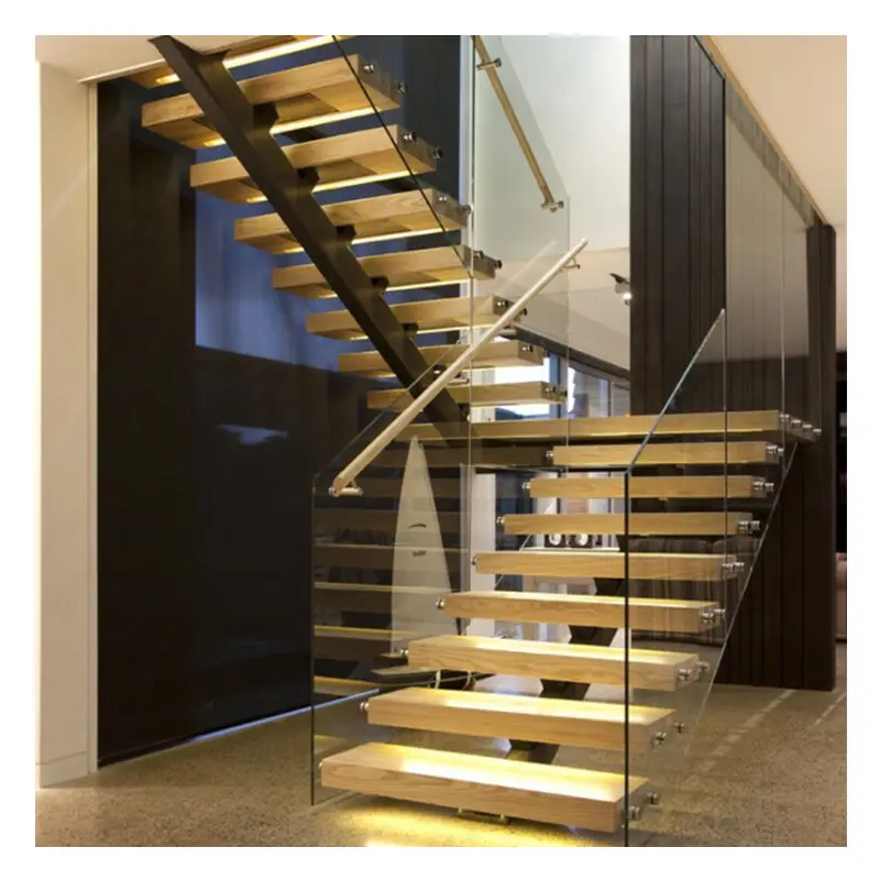 Modern design indoor straight glass railing LED staircase solid wood treads floating steel wood stairs