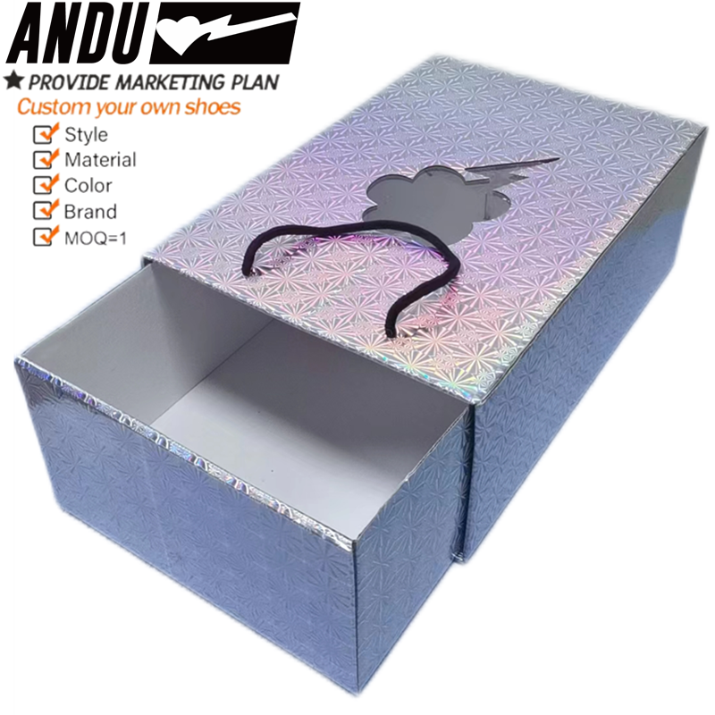 Custom Luxury Glitter Laser Cardboard Paper Packaging Box, Holographic Shiny Folding Drawer Shoes Box, Custom Logo