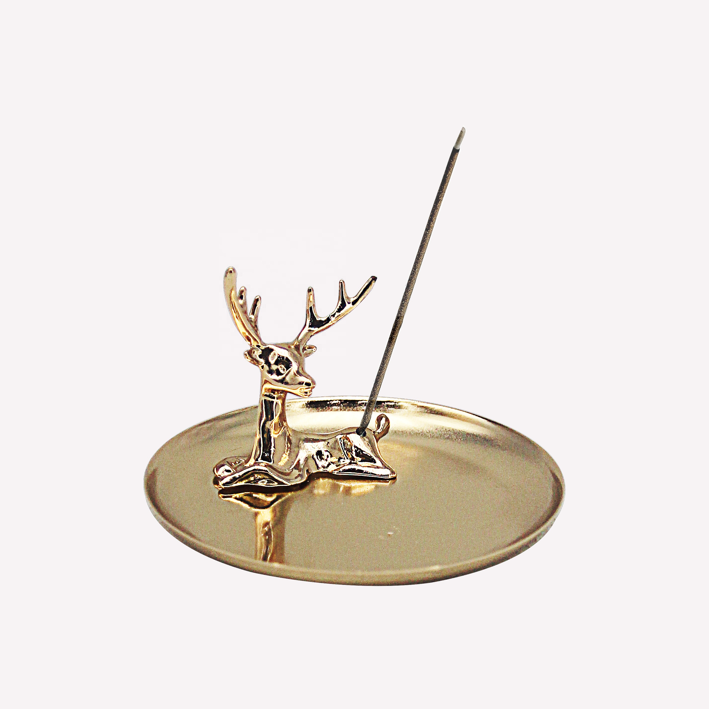 custom small gold round plate deer shape portable home oud stick metal incense holder burner