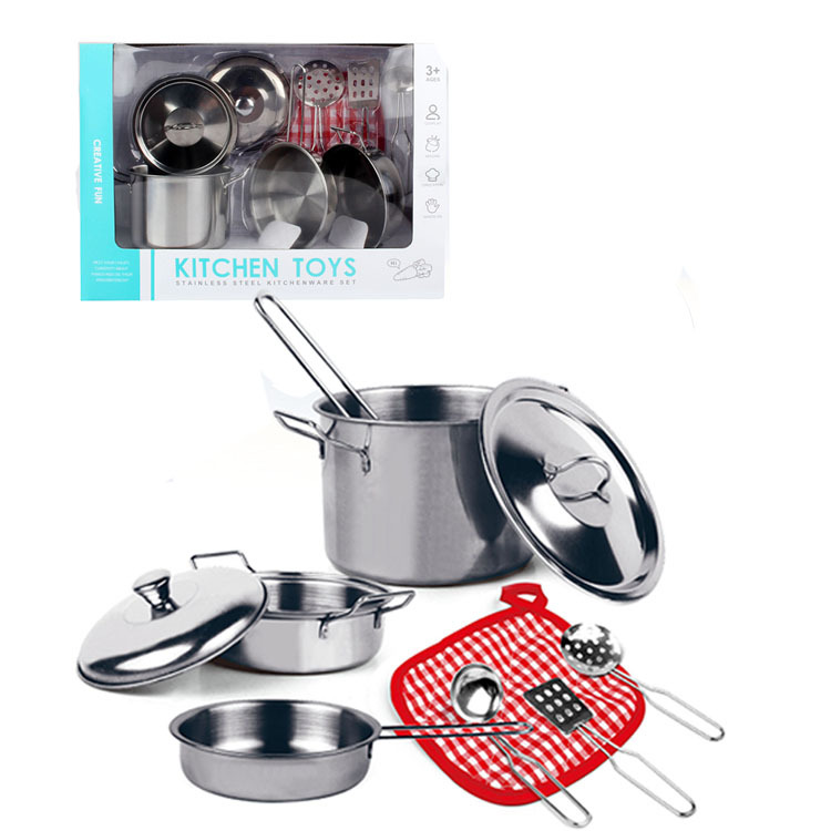 Kids Kitchen Pretend Play Cooking Toy Cookware Playset Stainless Steel Pots Pans Utensils Metal Kitchen Toys Set