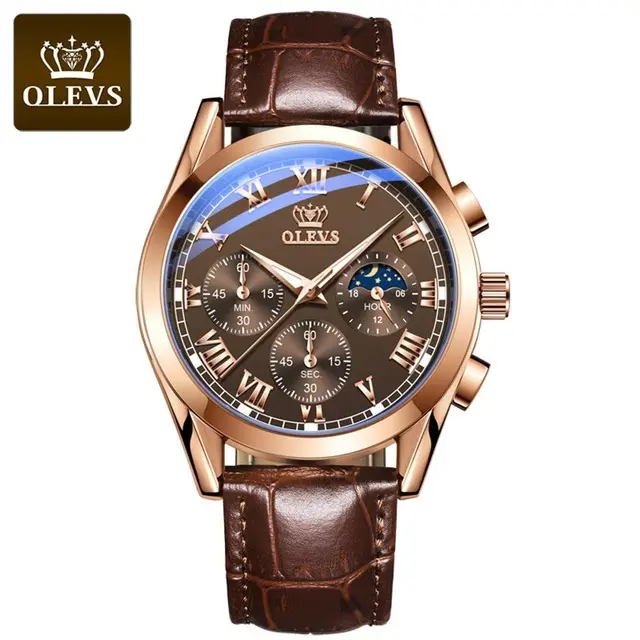 OLEVS 2871 Men Watches Quartz Sports Chronograph Watches Moon Phase Relogio Masculino Leather Strap
