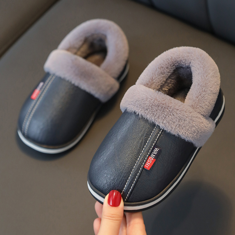 Winter children's bag heel cotton slippers baby cartoon cute PU leather waterproof boys girls warm non slip home outdoor shoes