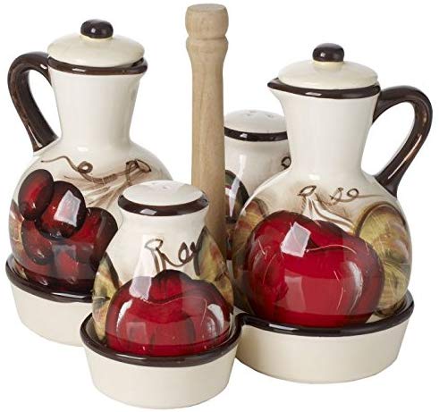 ceramic oil vinegar salt pepper set Ceramic Oil and Vinegar Bottle Set with Caddy with Salt and Pepper Shakers White Fruit Decor