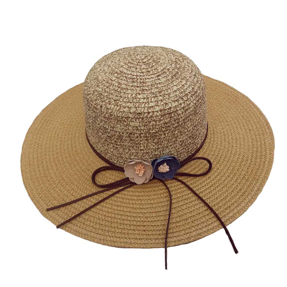 Foldable Summer Outdoors Women Beach Straw Sun Hat with Flower and Rope