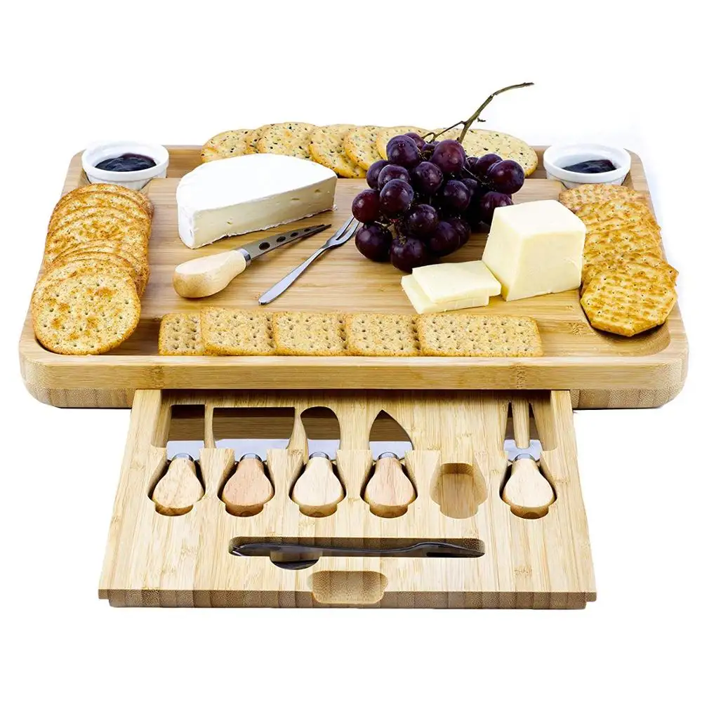 Natural Bamboo Cheese Board With Cutlery Knife Set Slide Out Drawer Wooden Platter 6 Small Wood Handle Cutting Knives