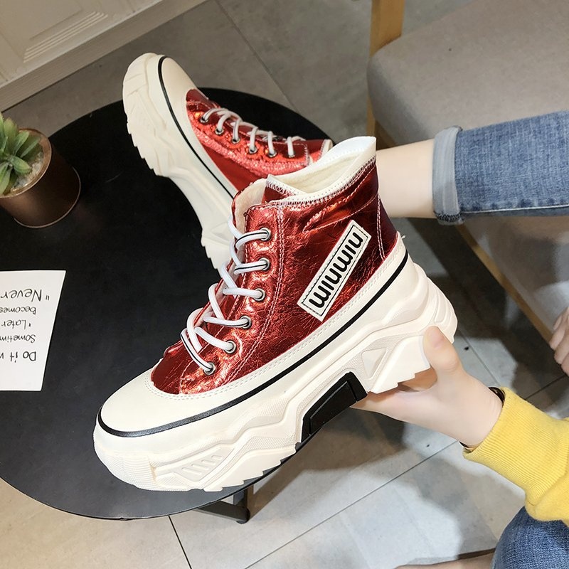 High-Top Shoes boots women 2021Autumn And Winter Leather Fashion Platform Sneakers All-Match Casual High increase Women's Shoes