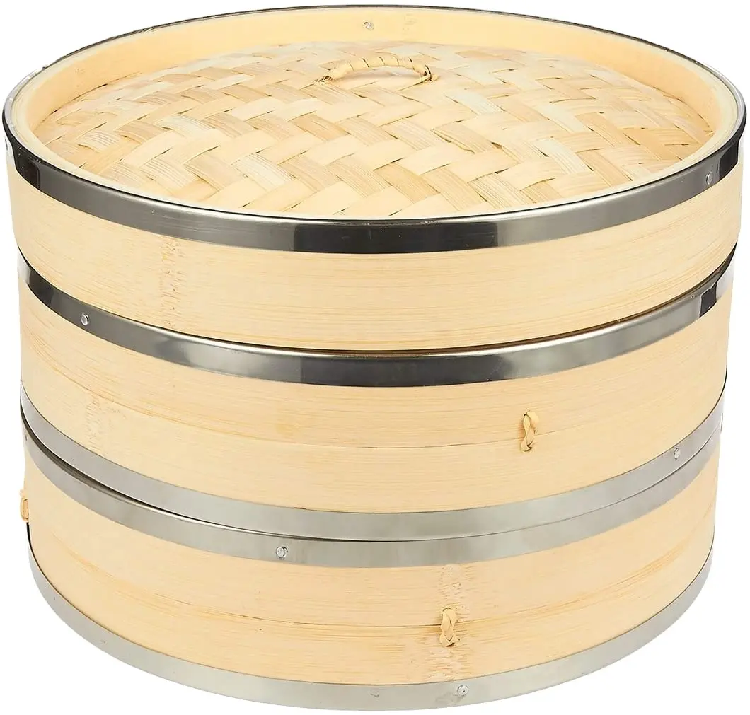 10 Inch Bamboo Steamer with Steel Rings for Cooking  steamer basket