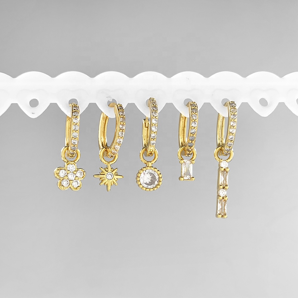 New arrival shining diamond baguette round charms earrings gold filled hoop earrings