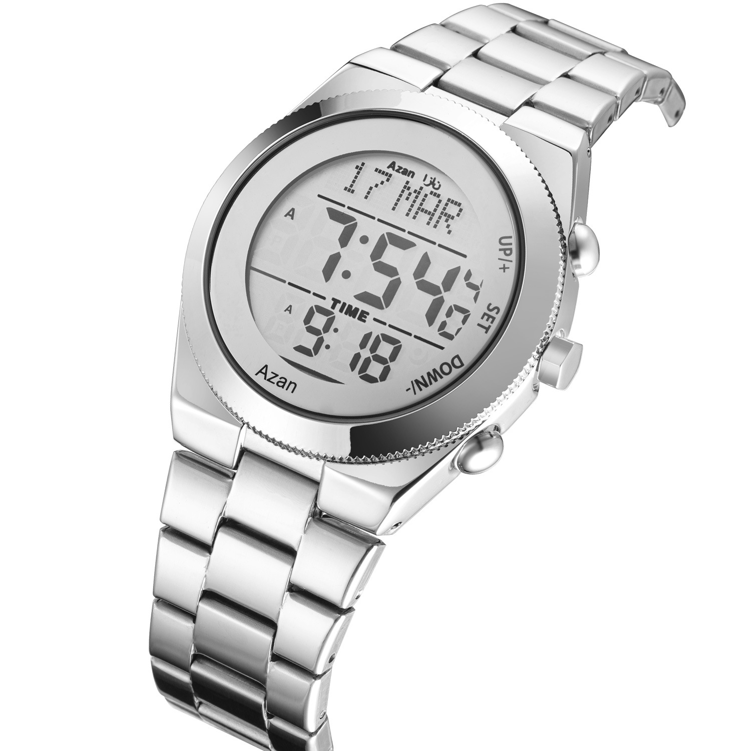 Hottest Reloj Stainless Steel Back Japan Movt Azan Time Qibla Direction Showing Mosque Аль Фаджр часы Islamic Waterproof