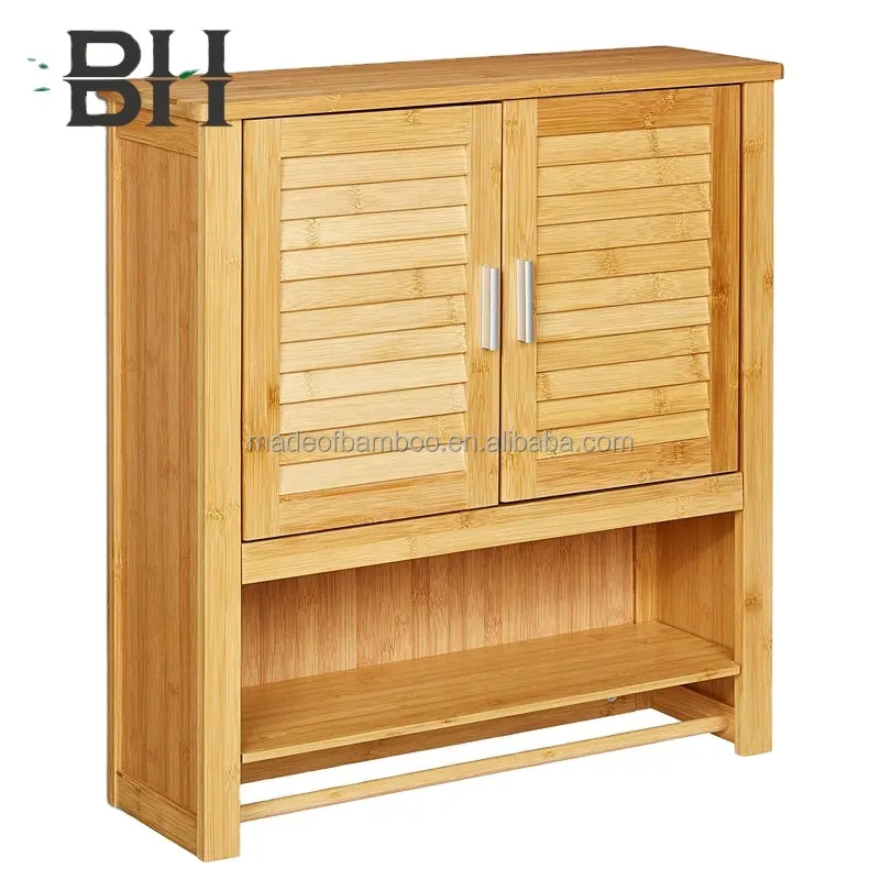 Bathroom Cabinet Wall Mounted, Bamboo Medicine Storage Organizer with Double Doors & 3 Tier Adjustable Shelf for Bathroom