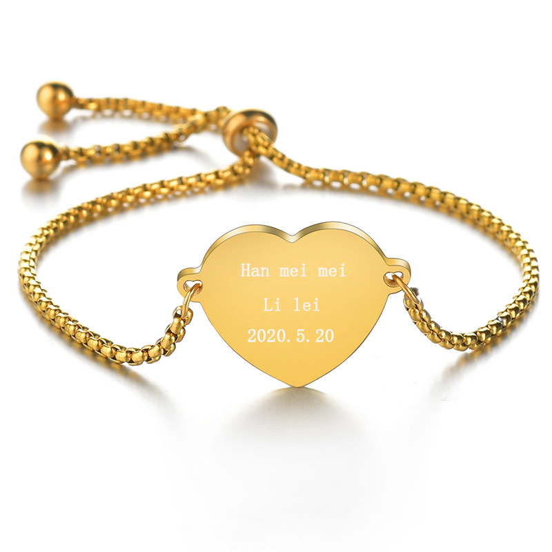 Bracelet Custom Logo 18k gold plated stainless steel round box chain adjustable custom engraved heart bracelet